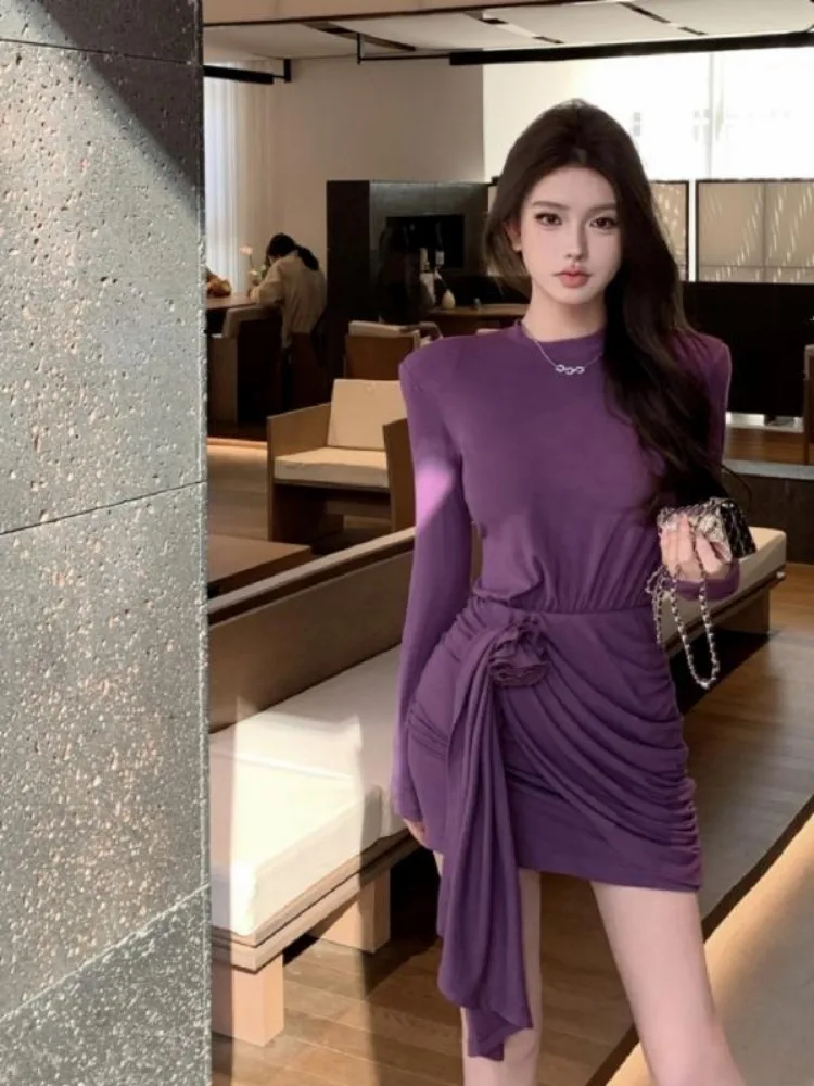 Temperamento flor Irregular Mini vestido mujeres 2025 nuevo sólido manga larga Slim Fit pliegues Vestidos de fiesta Vestidos atractivos