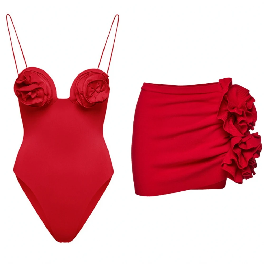 Vintage Color Red Solid Color One-Piece Swimsuit Set Sexy Lingerie For Women Beach Dress Elegance Luxury Slim Fit