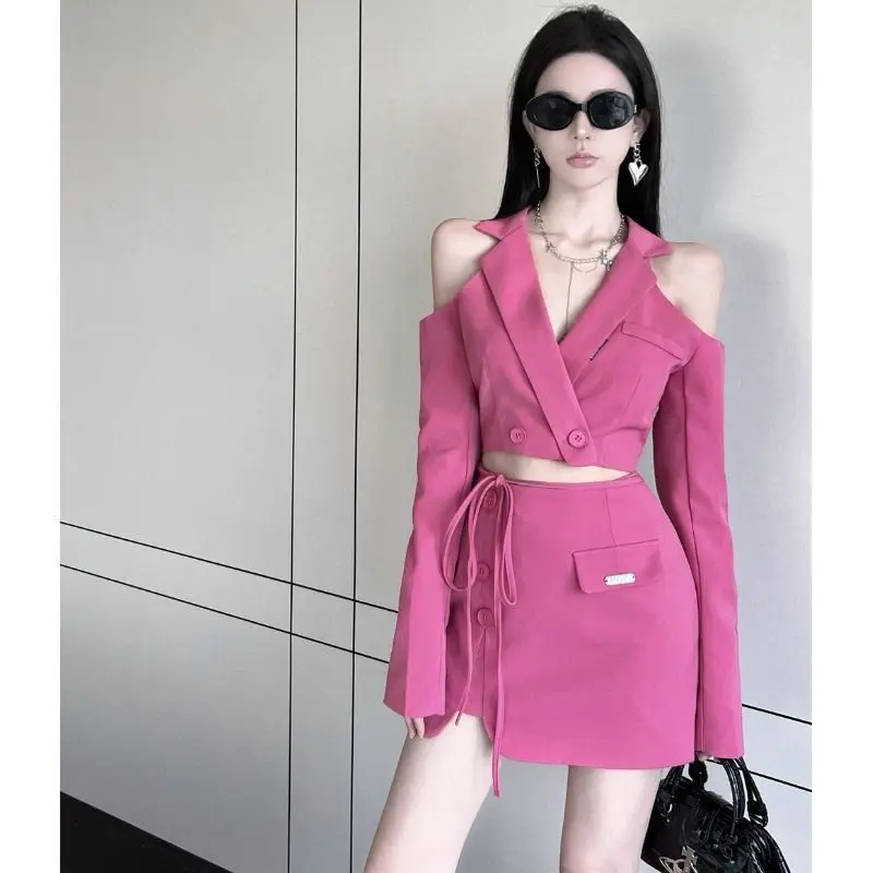 Off Shoulder Drawstring Skirts Sets Turn Down Collar Blazer Crop Tops Mini Sexy Female Slim Short Skirt 2023 Fashion Woman Set