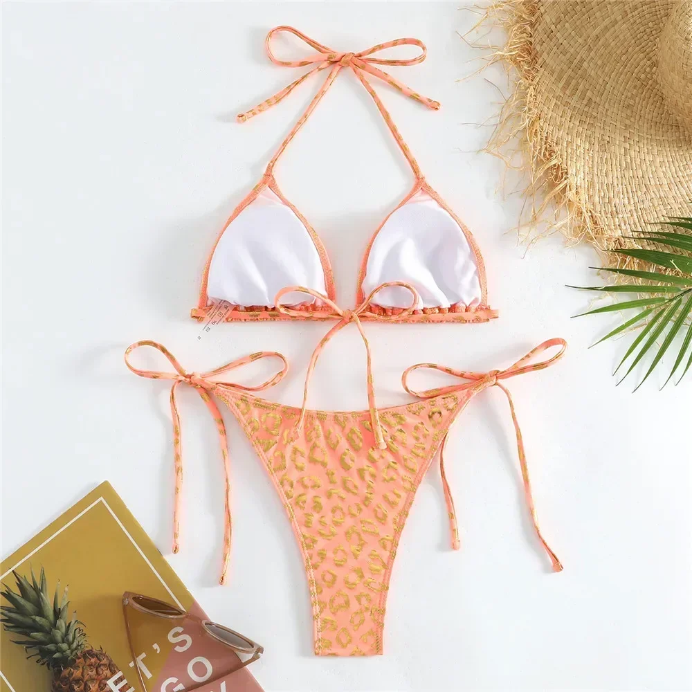 Maillot de bain imprimé léopard pour femmes, ensemble deux pièces, sexy, string, col licou, culotte tanga, triangle, bikini, 2024