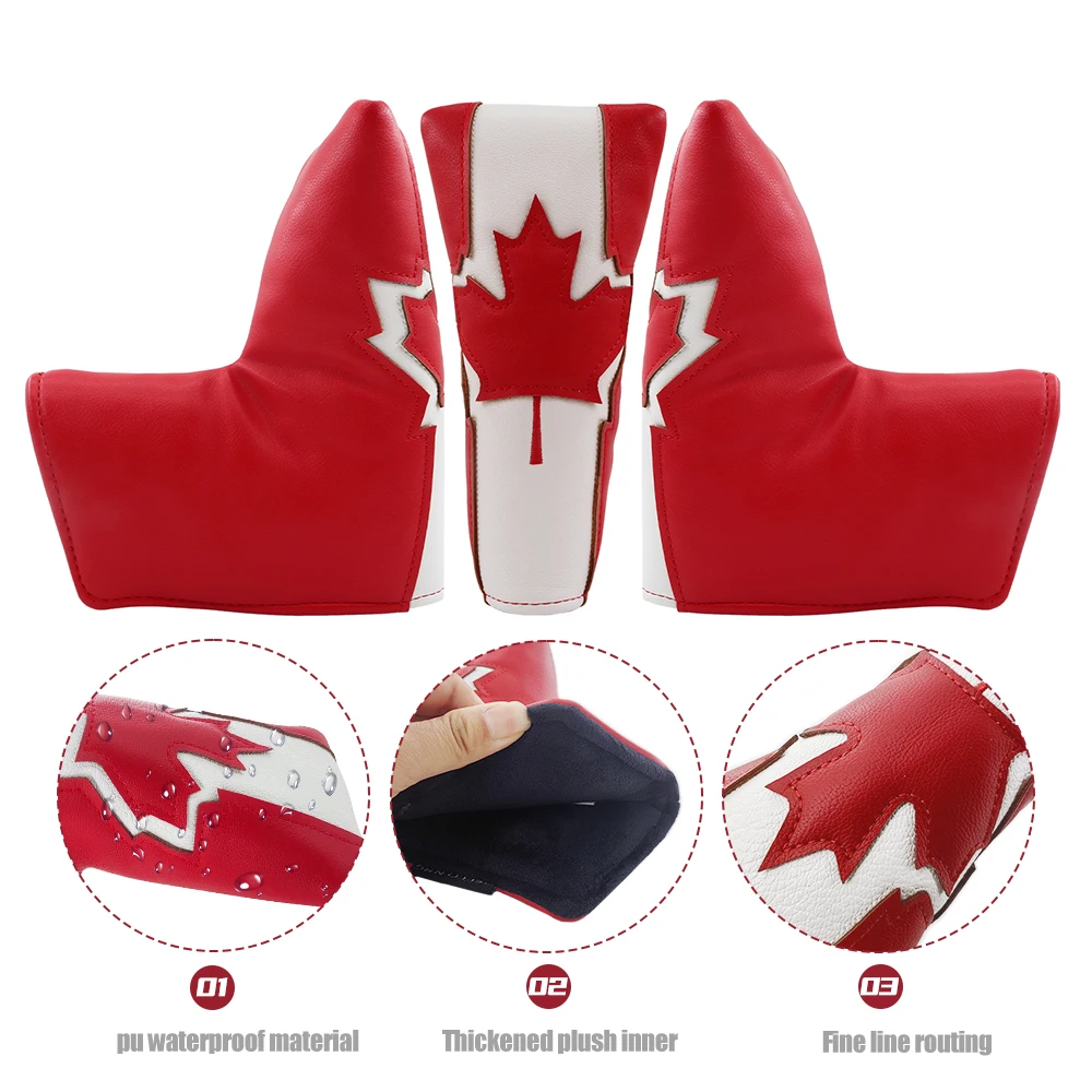 Golf Headcover Maple Leaf Pattern Magnetic Magic Tape Open Close Golf Club Protective Covers Golf Blade Putter Cover Drop Ship