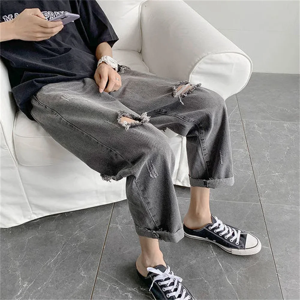 Summer Slim Fit Jeans for Mens Streetwear Korean Designer Regular Distressed Denim Slim Homme Pants Hip Hop Hole Jeans Trousers
