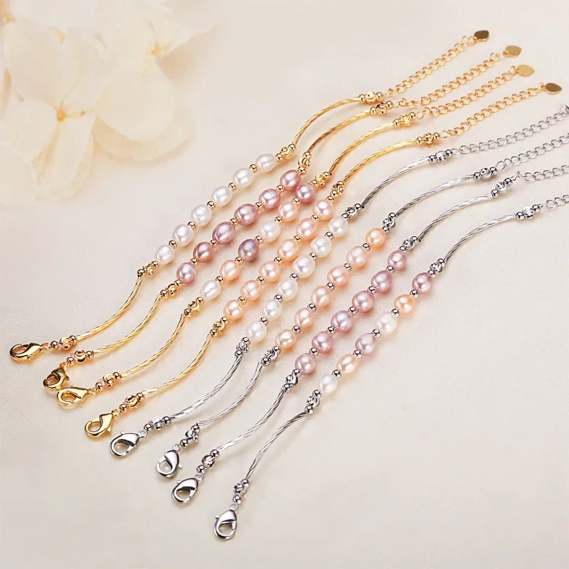 Hengsheng 6-7mm Rice Shape Freshwater Pearl Bracelet 16cm+4cm White Pink Purple Adjustable Bracelet for Women Girls 2025 Newest