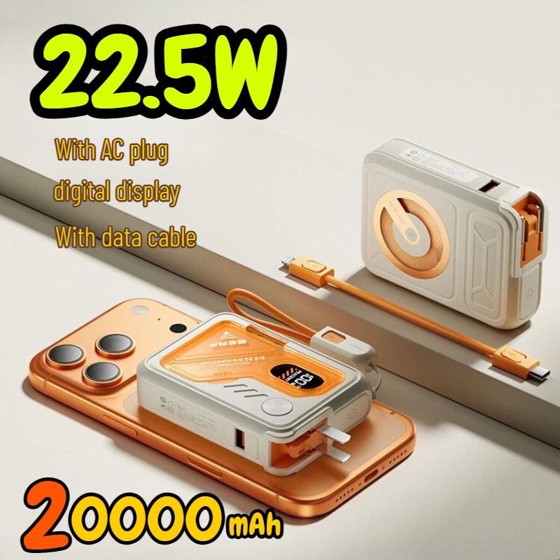 New Magnetic Wireless Power Bank 20000mAh 22.5W Fast Charging with AC Plug for Samsung IPhone Xiaomi Huawei External Battery