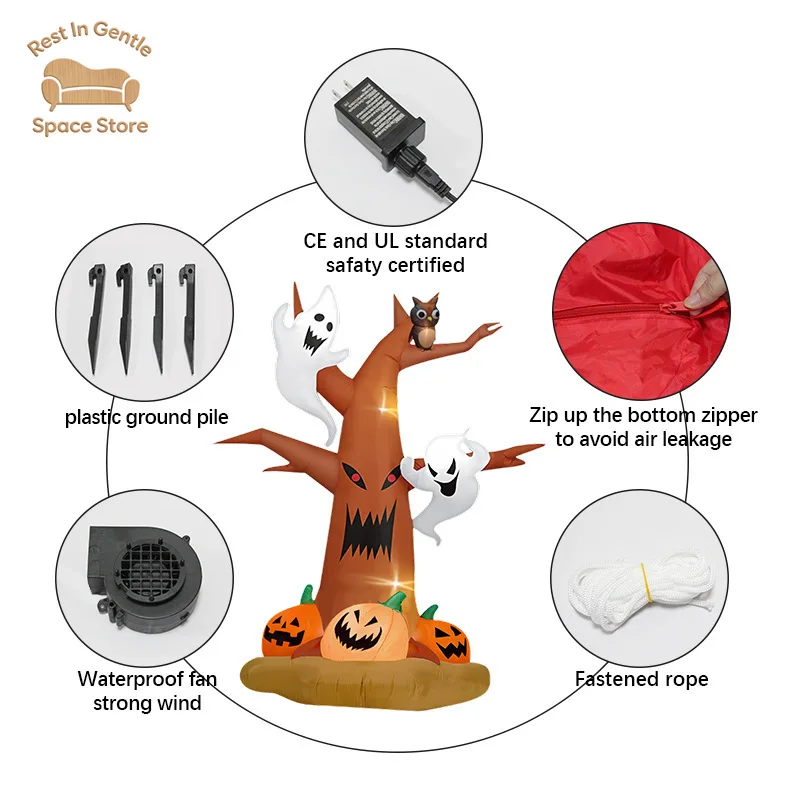 Halloween Inflatable Pumpkin Ghost Air Model Ornament Outdoor Party American Garden LED Glowing Ghost Tree