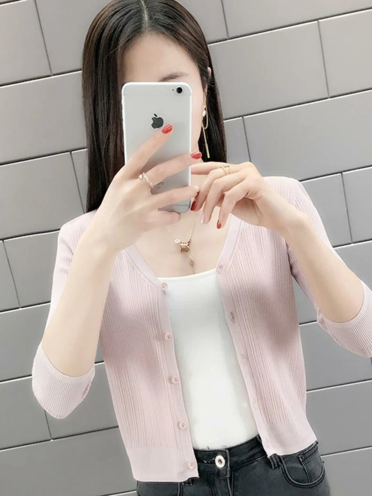 Cardigan ort de malha de seda gelada feminino verão fino agasalhos saia de ar condicionado combinando pequeno Jaet V-ne nove pontos...