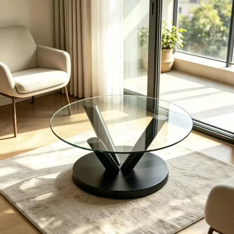 Modern sofa side coffee table, round tempered glass side table, suitable for living room furniture