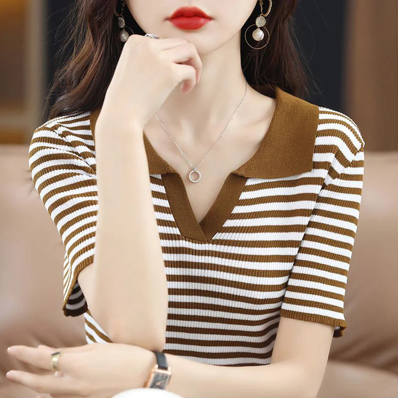 Fashion Lapel Printed Striped Knitted Blouse Female Clothing 2023 Summer New Loose Casual Pullovers Short Sleeve Commute Shirt