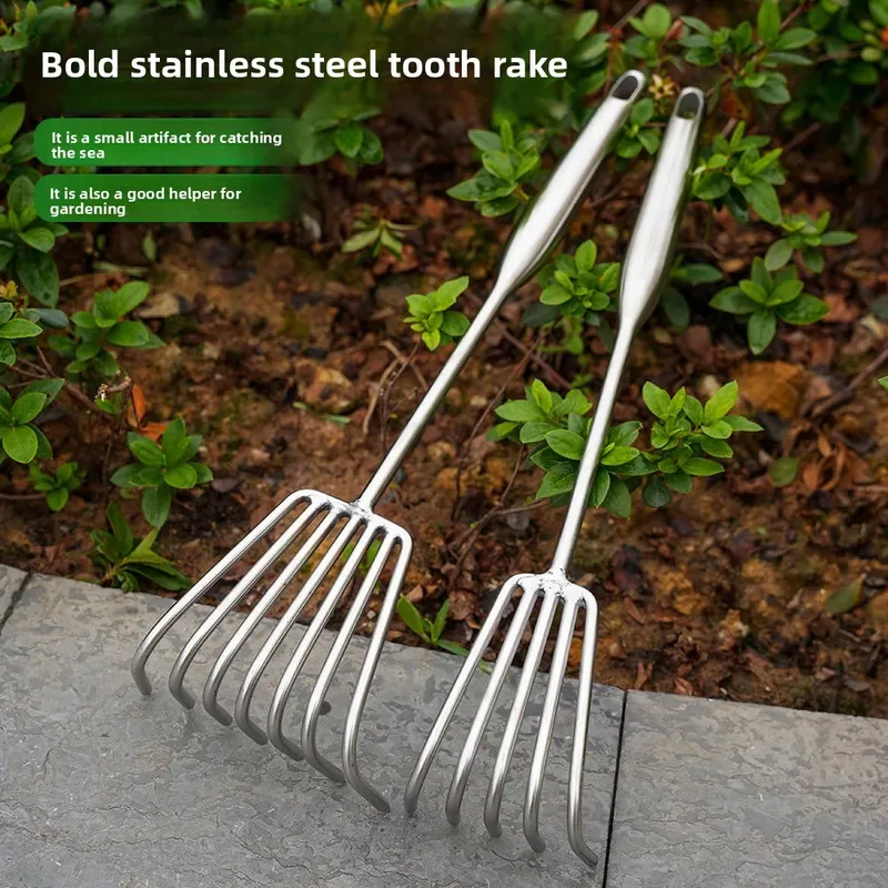 Kleiner Rechen aus Edelstahl mit 6 Klauen, integriertem Stahlgriff, Garten-Bodenrechen-Werkzeug für Garten-Bodenrechen und Jäten