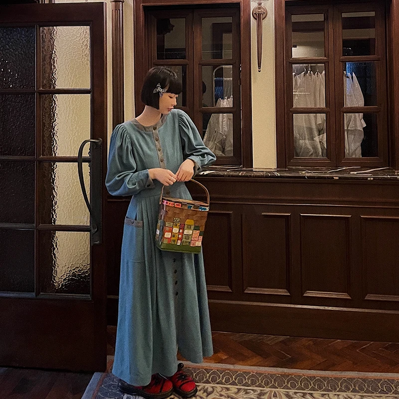 

VIMAg Vintage Bavarian 70's Woolen Cheered Color Blo Dr High Waist A-Line Skirt Long Sve round Ne Commute Sle