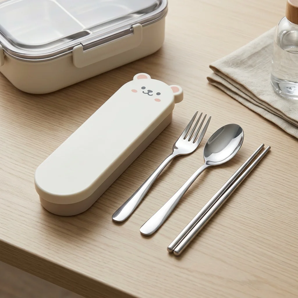 Portable Cutlery Set Stainless Steel Silverware Forks and Spoons Chopsticks Tableware Utensils Travel Camping Bear Case Kids