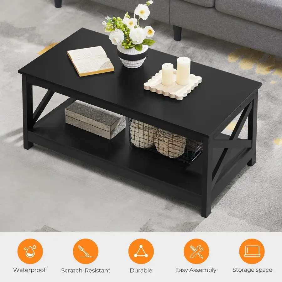 Wood 2Tier Black Coffee Table with Storage Shelf for Living Room, X Design Accent Cocktail Table, Easy Assembly Hom Customizable