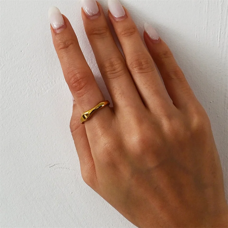 EMANCO Goldfarbene / Silberfarbene Unregelmäßige Wellenringe Trendiger Einfacher Geometrischer Handgefertigter Schmuck für Frauen und Paare – Detail 7