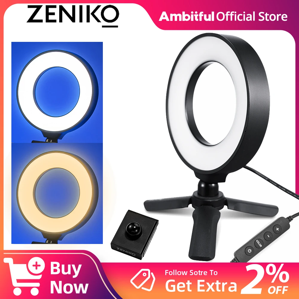 

ZENIKO CR5 Bi 5W Video Ring Fill Light 3300K-6000K LED Selfie Video Conference Laptop Light 5-level Adjustable Color Temperature