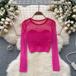 Women Chic sheer Mesh Patchwork Long Sleeve Crop Top Slim Sexy Korean T-shirt Fashion O Neck Autumn Women Shirt