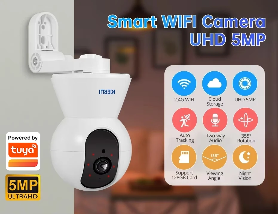 KERUI Indoor 4K HD Tuya Smart WiFi IP Camera Wireless 5MP 8MP Home Security CCTV Surveillance Camera with Side-mounted Brackets