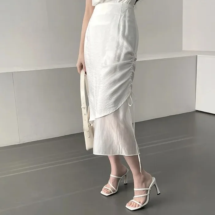 

Summer New High Waist Pleated Chiffon Belted Long Skirt Women's Premium Faion Polyester Fiber 00% High Waist Design