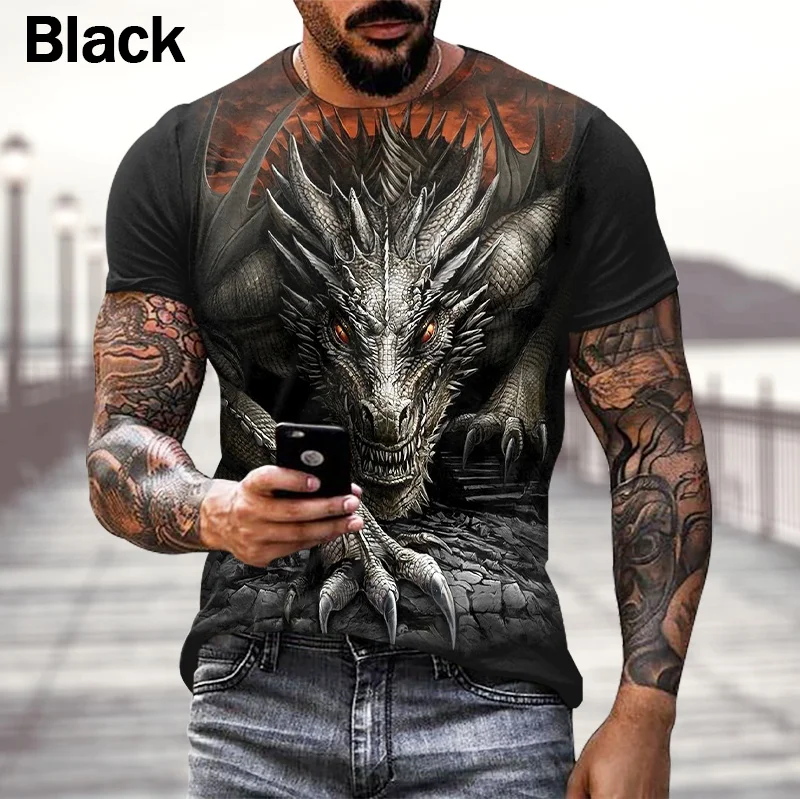 New Fashion Gothic Dragon Print T-shirt Men Street Casual Personality Cool T-shirt Tops