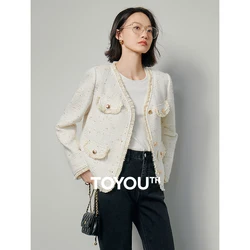 TOYOUTH 2024 Women Plaid Tweed Jacket Round Neck Cropped Tassel Coat Spring Autumn Single Breasted Office Lady Outwear Coat