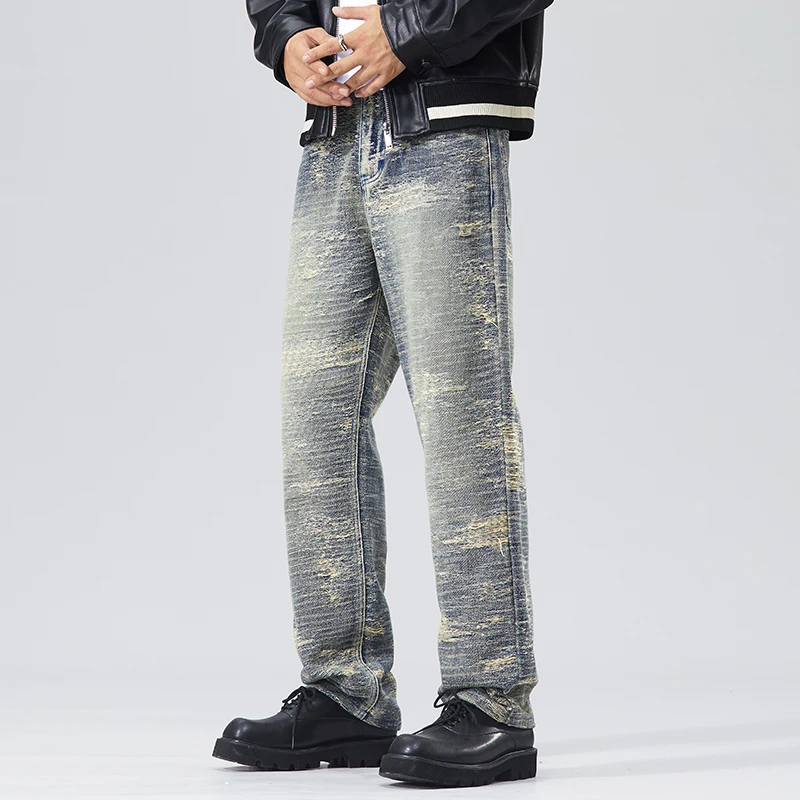 Trendy straight  loose American retro casual wide leg pants men jeans for men denim baggy jeans scratched ripped jeans