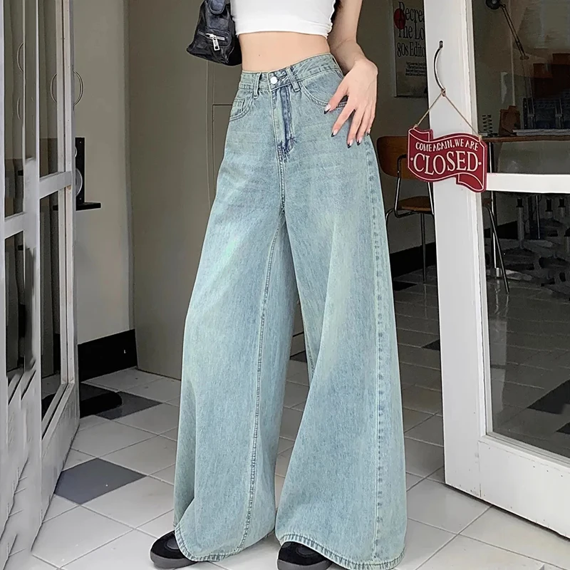 

Rimcoy Atumn Light Blue Wide Leg Jeans Women Streetwear Harajuku Baggy Denim Pants Woman 2024 Chic High Waist Trousers Female