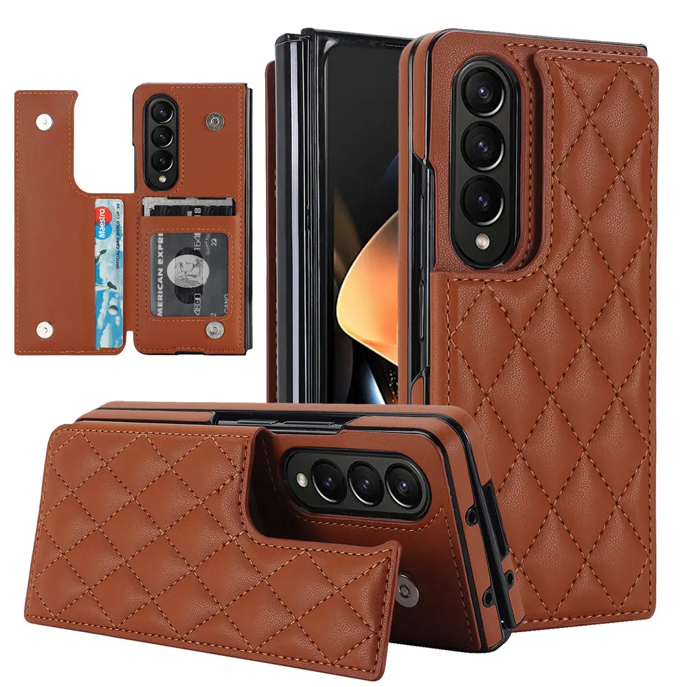 Fashion Rhombus Card Holders PU Leather Case For Samsung Galaxy Z Fold 4 5 3 Shockproof Buckle Cover Coque