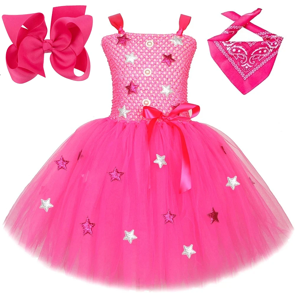 Girls Fashion Hot Pink Princess Costume Western Cowgirl Fancy Tutu Dress with Cowboy Hat Square Scarf Kids Carnival Party Outfit view 2