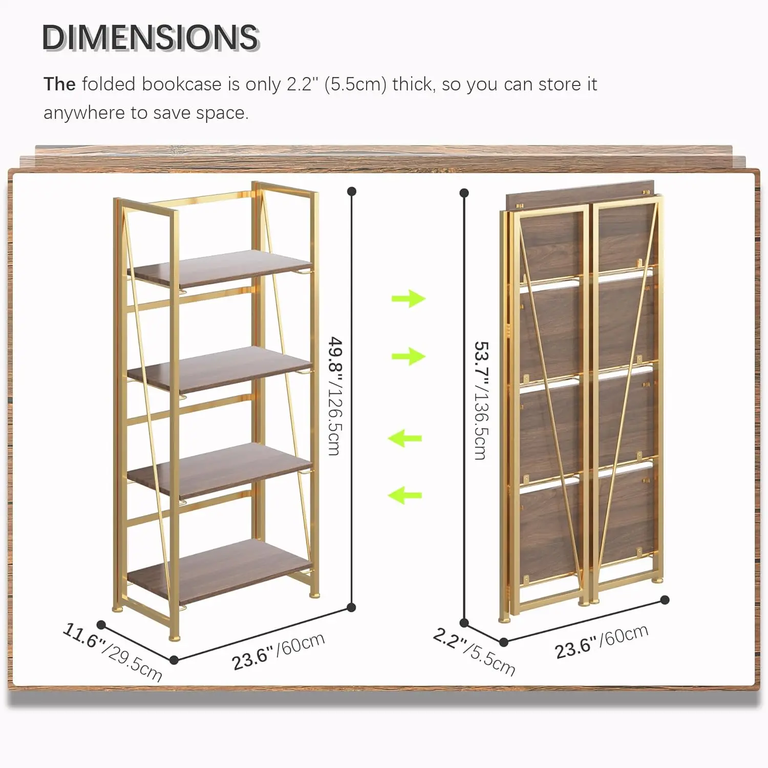 No-Assembly Folding Bookshelf Storage Shelves 4 Tiers Vintage Bookcase Standing Racks Study Organizer Home Office (Brown And