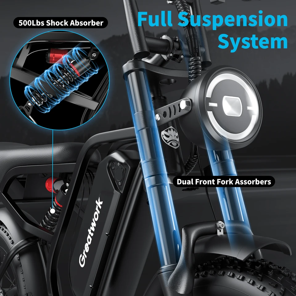 Electric Bicycle Moped Style Electric Bike 2500W Peak Motor 48V 25Ah Battery 20x4 Fat Tire Full Suspension Moto E-bike R8 image 7
