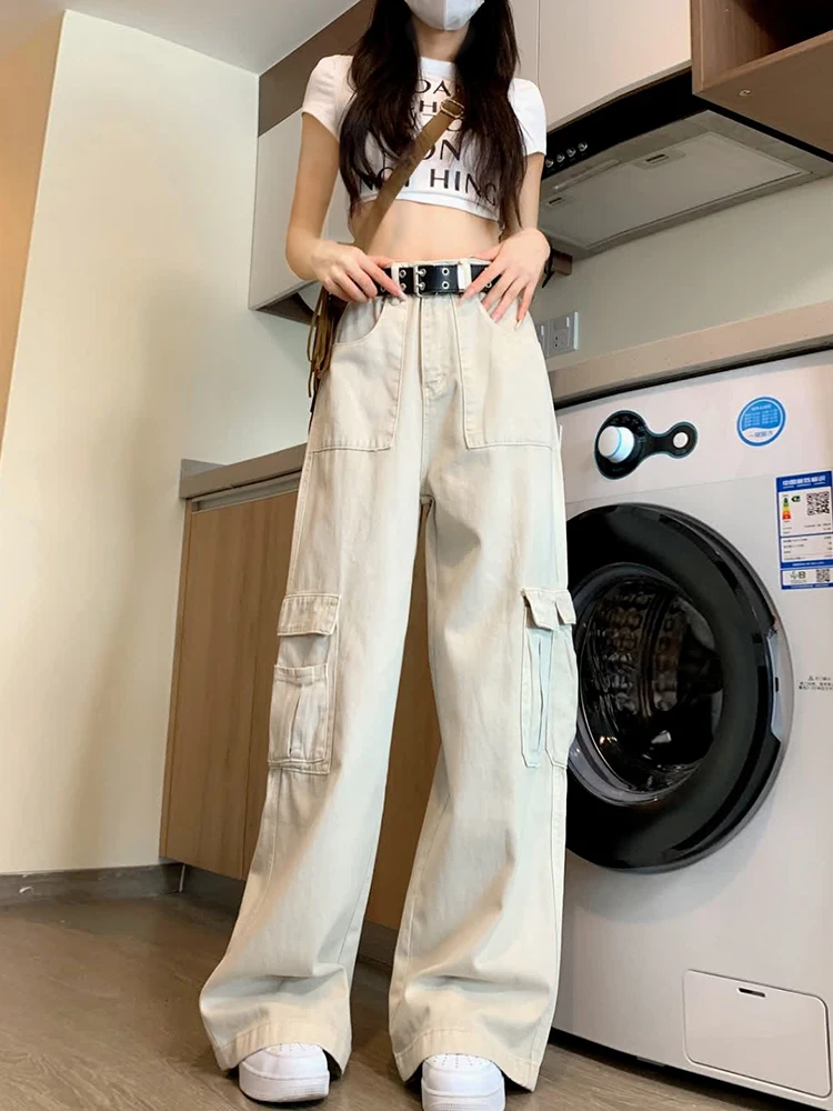 

Light colored American workwear jeans, women's new high waisted, slim and loose fitting, straight tube, and draping floor pants