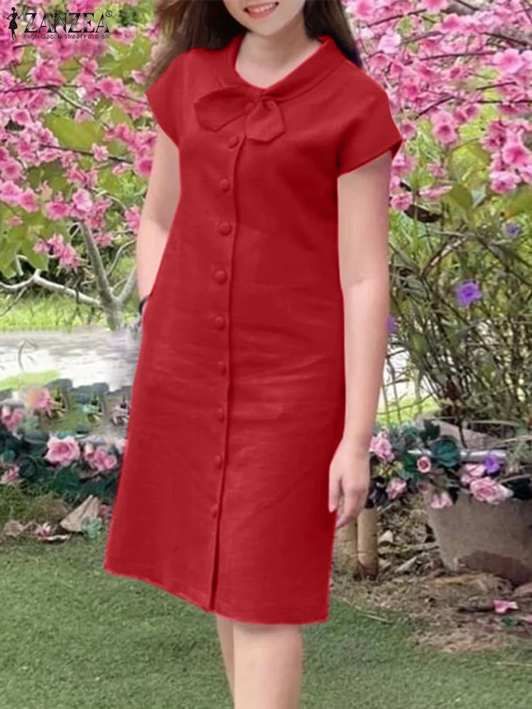 Zanzea ชุดเดรสทำงาน OL หรูหราสำหรับฤดูร้อนชุดเดรสแฟชั่นสำหรับผู้หญิงชุดเดรสปาร์ตี้แขนสั้นมีปกคอพับติดกระดุมชุดเดรสวันหยุด