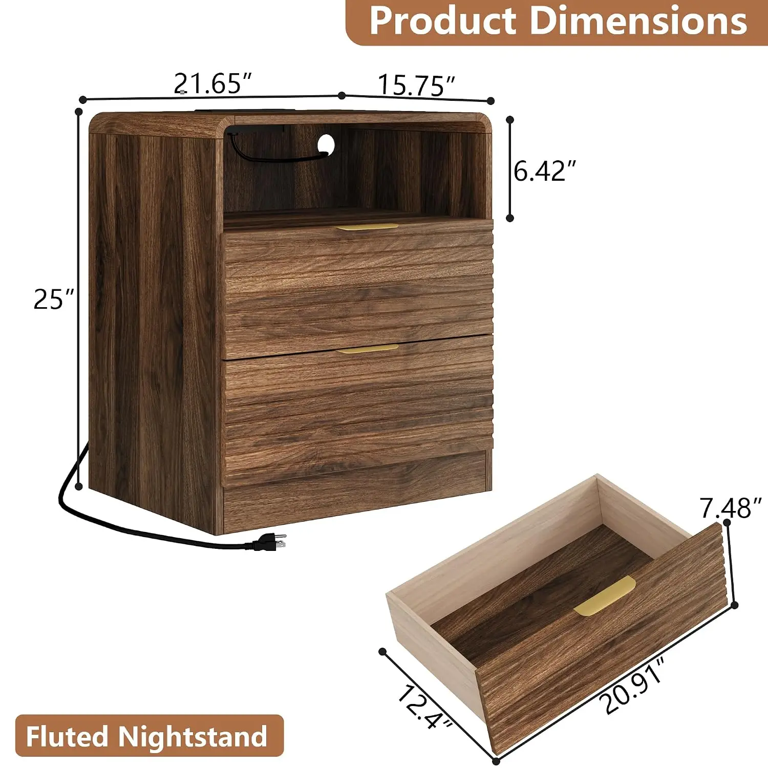 Walnut Nightstand Charging Station 2 Drawers LED Lights Open Storage End Side Table Bedroom Living Room, Customized