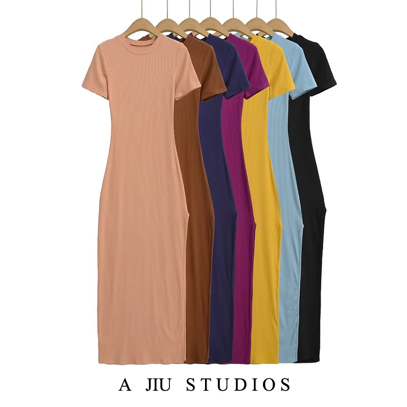 

Sexy Slim Fit round Ne ort Sve Dr Women's Summer Tight Bodycon Dr High Slit Wrap around Skirt Casual Wear