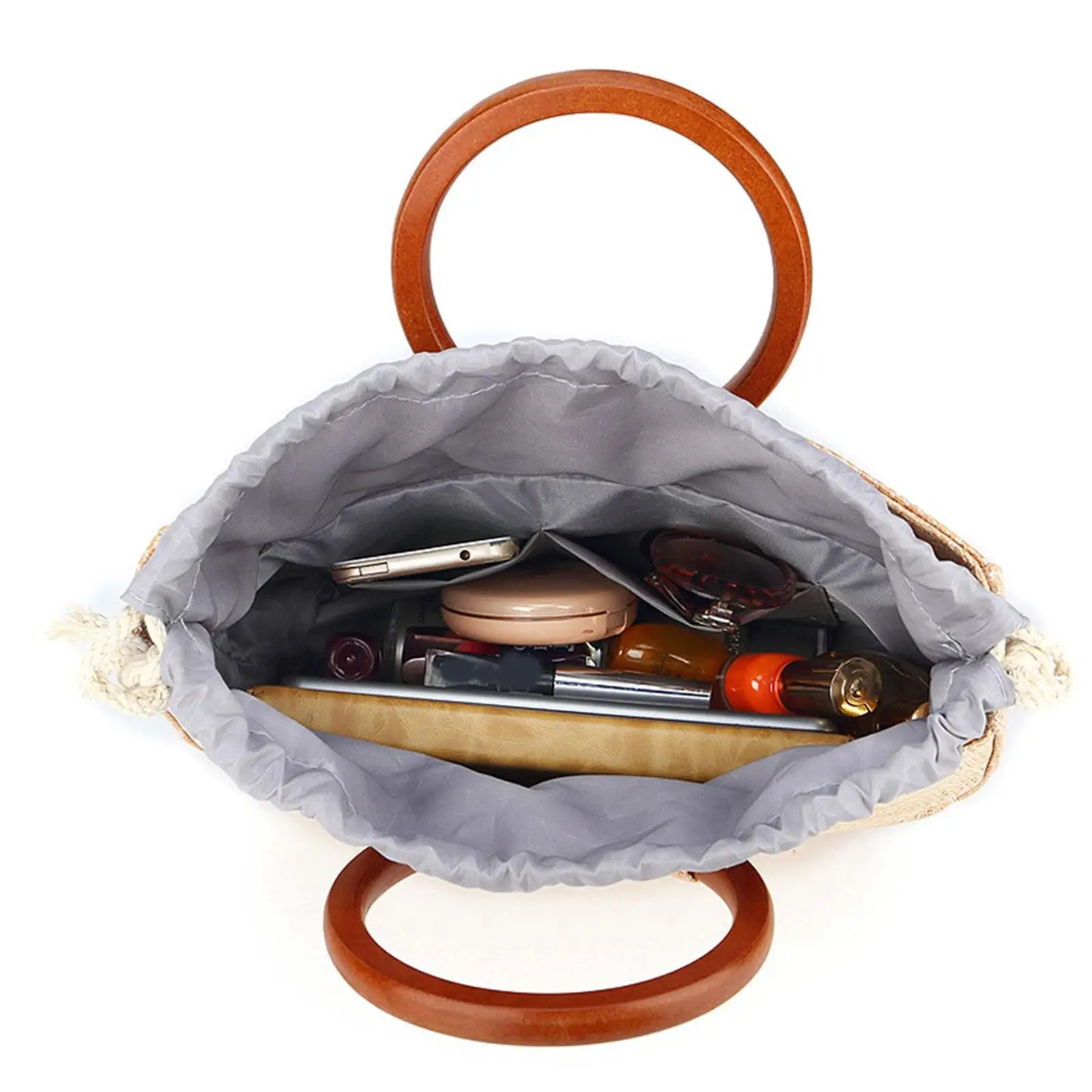 Woven Tote Bag Summer Beach Handbag with Wood Round Top Handle Hand Bag Sling Bag for Dating Makeups Outdoor Shopping Hiking