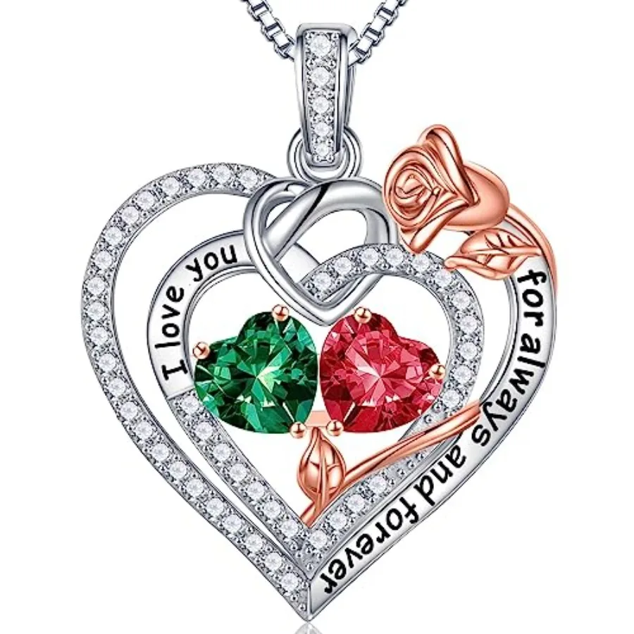 

Iefil Rose Heart Gifts for Women Wife - 925 Sterling Silver Double Birthstone Necklace, Anniversary Birthday Gifts for Women, J