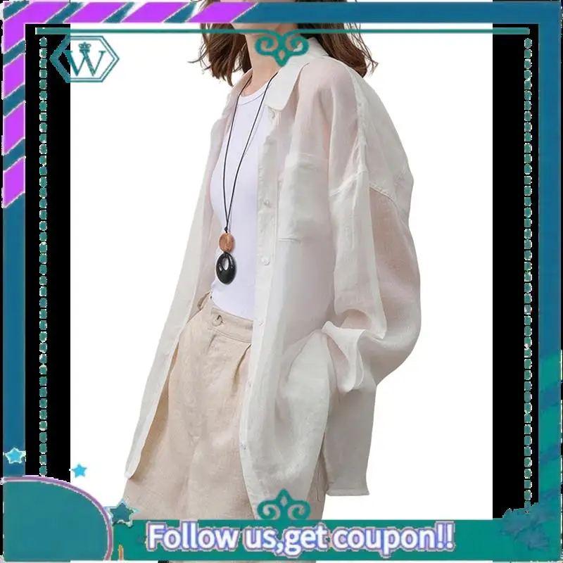 

A09P Womens Button Down Shirts Long Sleeve Ramie Gauze Tops Casual Collared Blouses Loose Fit
