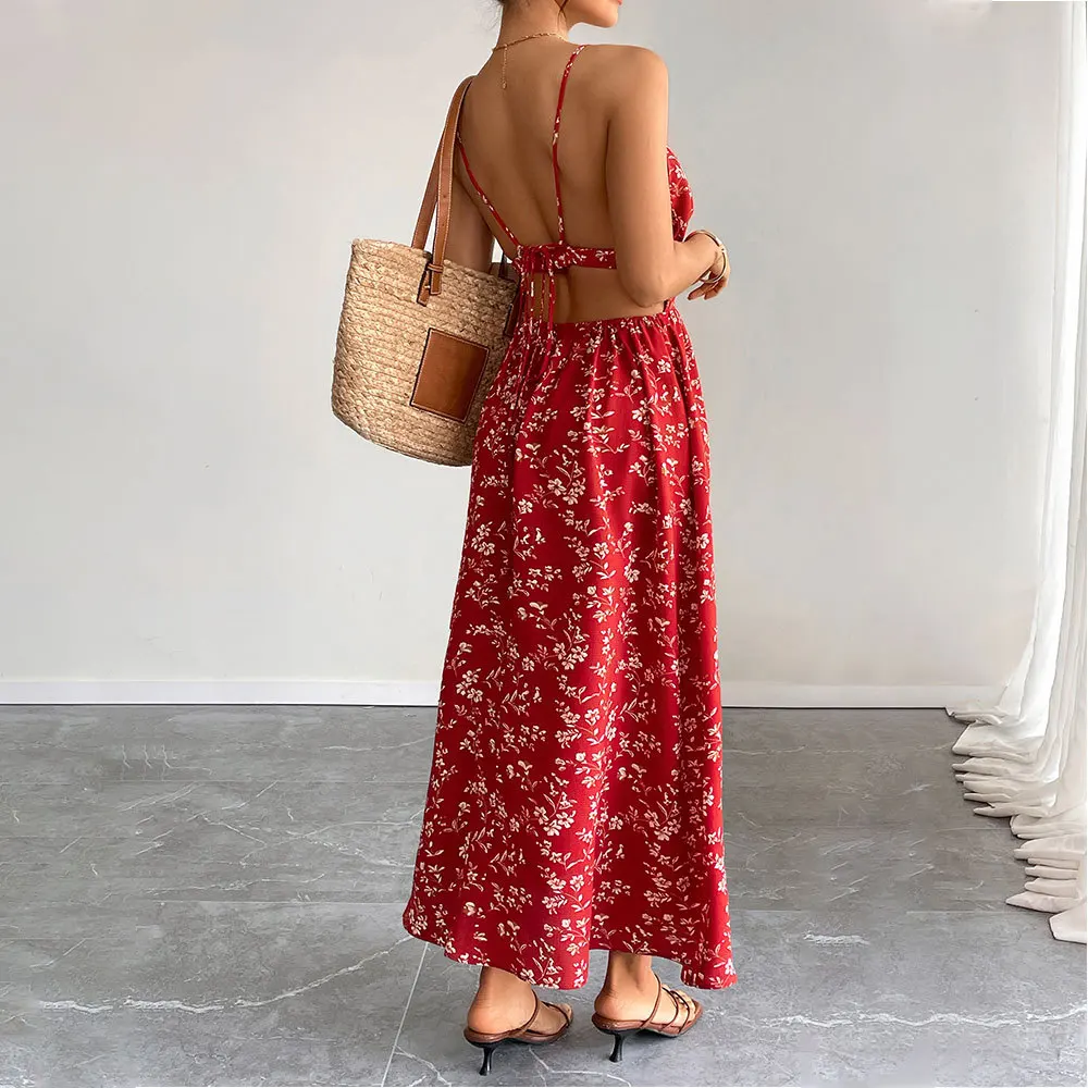 NOVEDAD DE VERANO 20225, vestido Retro francés con cuello en V para mujer, vestido de tirantes, moda dulce Floral, vestidos largos adelgazantes para mujer