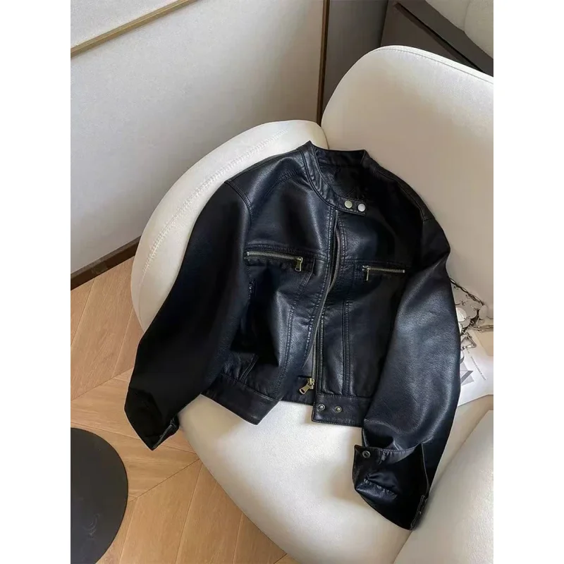 

Vintage Pu Leather Crop Jacket for Women Y2K Autumn Streetwear Stand Collar Motorcycle Coats Korean Loose Chic Zipper Outwear