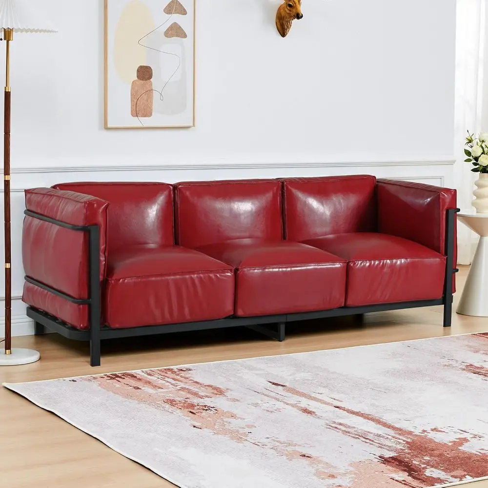 

Mid-Century Modern 3-Seater Leather Sofa with Upholstered Armrests and Backrest Cushions for Living Room or Office