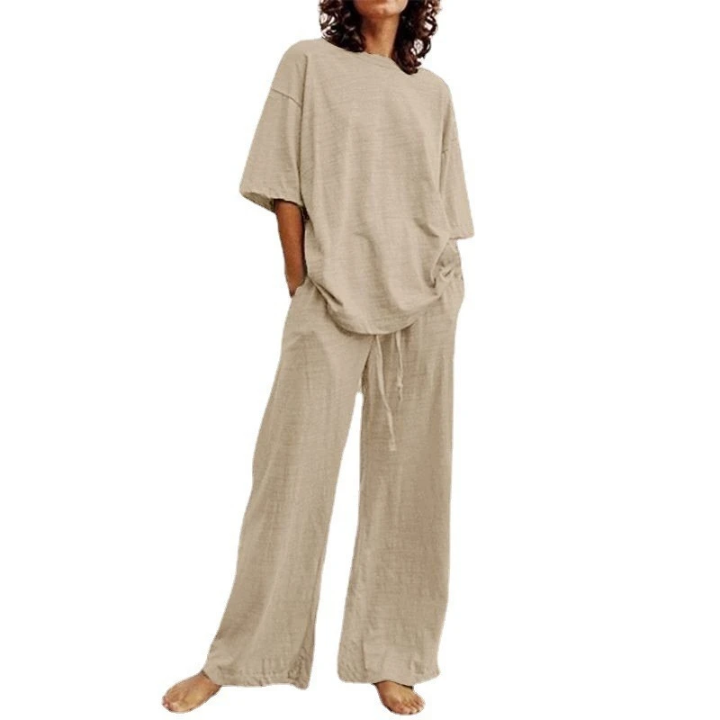 

Fashion Women's Clothing Casual Belt Pocket Set Half-sleeved O-neck Top Wide-leg Pants Set Summer Clothing Comfortable and Loose