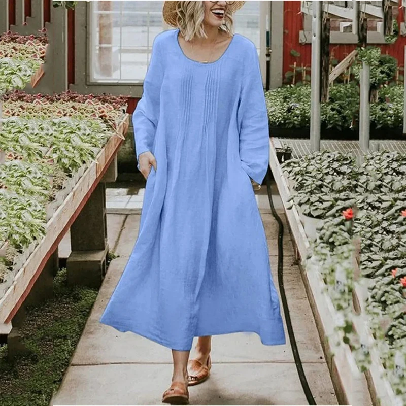 

Causal Loose O-Neck Long Sleeve Dress Fashion Solid Color Ruched A-Line Dresses Elegant Vintage Cotton Linen Dress Robe Female