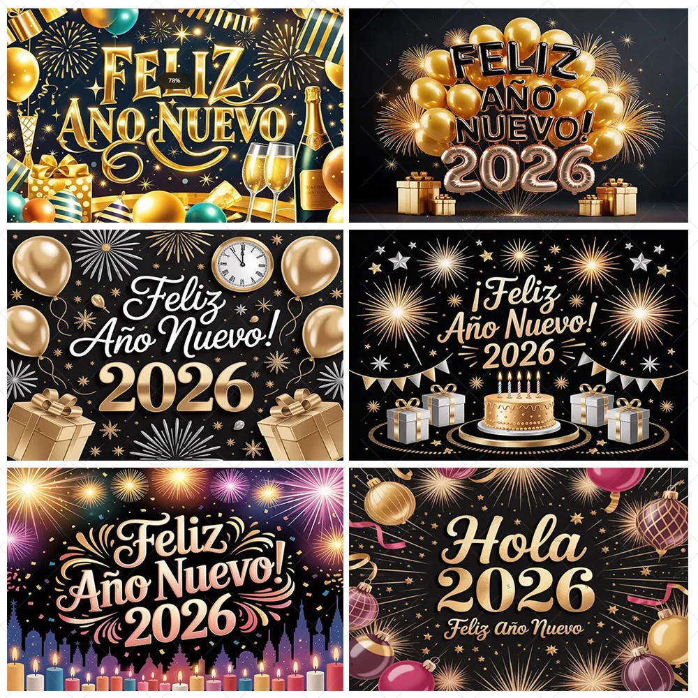 

2026 Spain Happy New Year Theme Party Decoration Firework New Year Background Black Golden Balloon Photography Backdrop Supplies