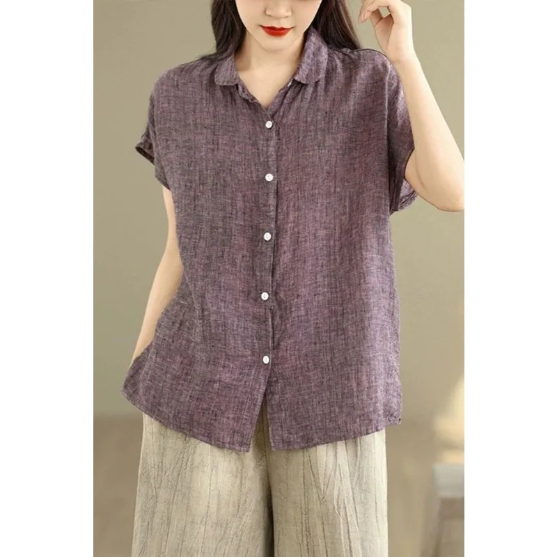Women's Purple Short Sleeve Button-front Linen Blouse Loose Casual Top