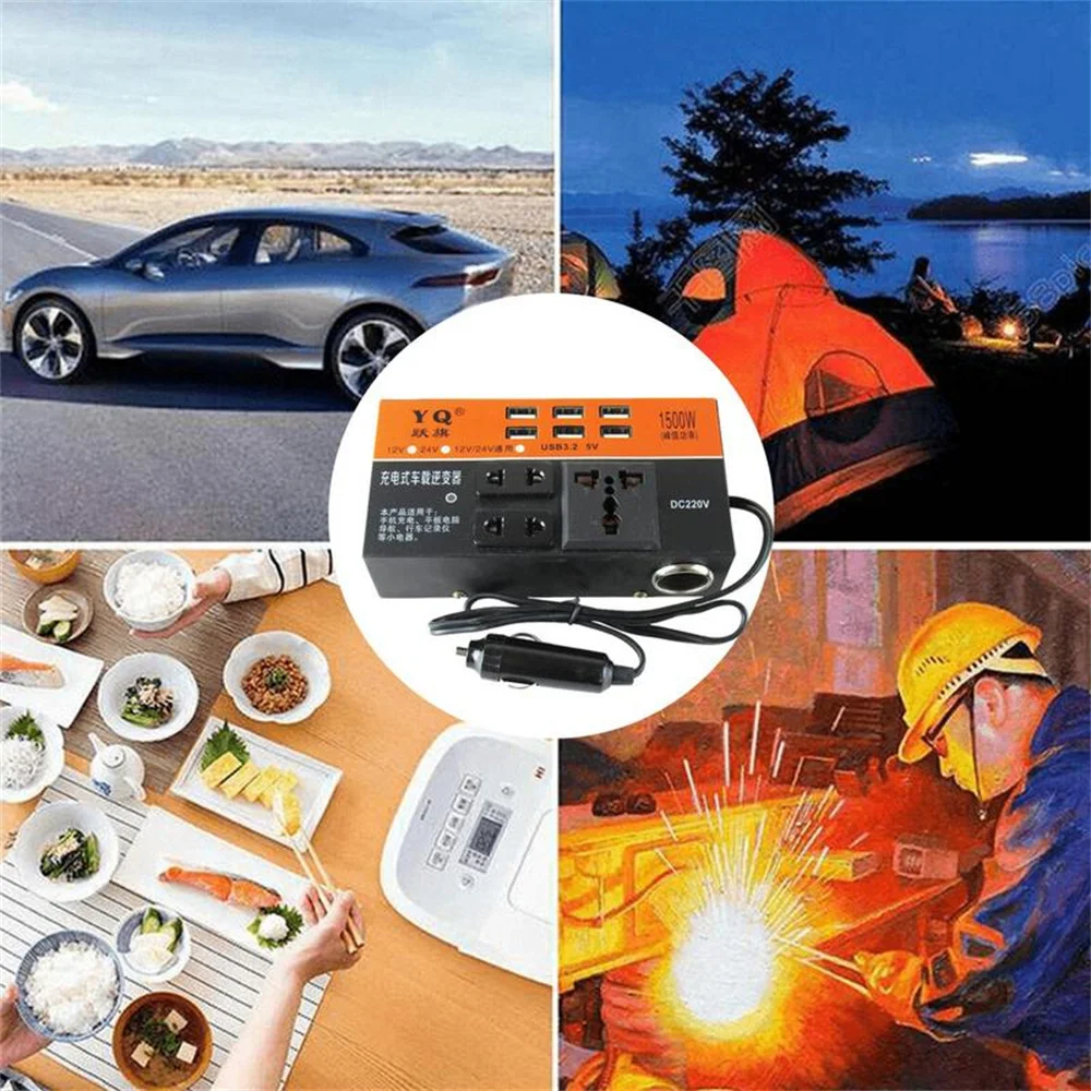 

Car Inverter 1500W DC12V/24V To 220V LED Display Sockets Power Inverter With 3.2A USB Charger Fast Charging Adapter