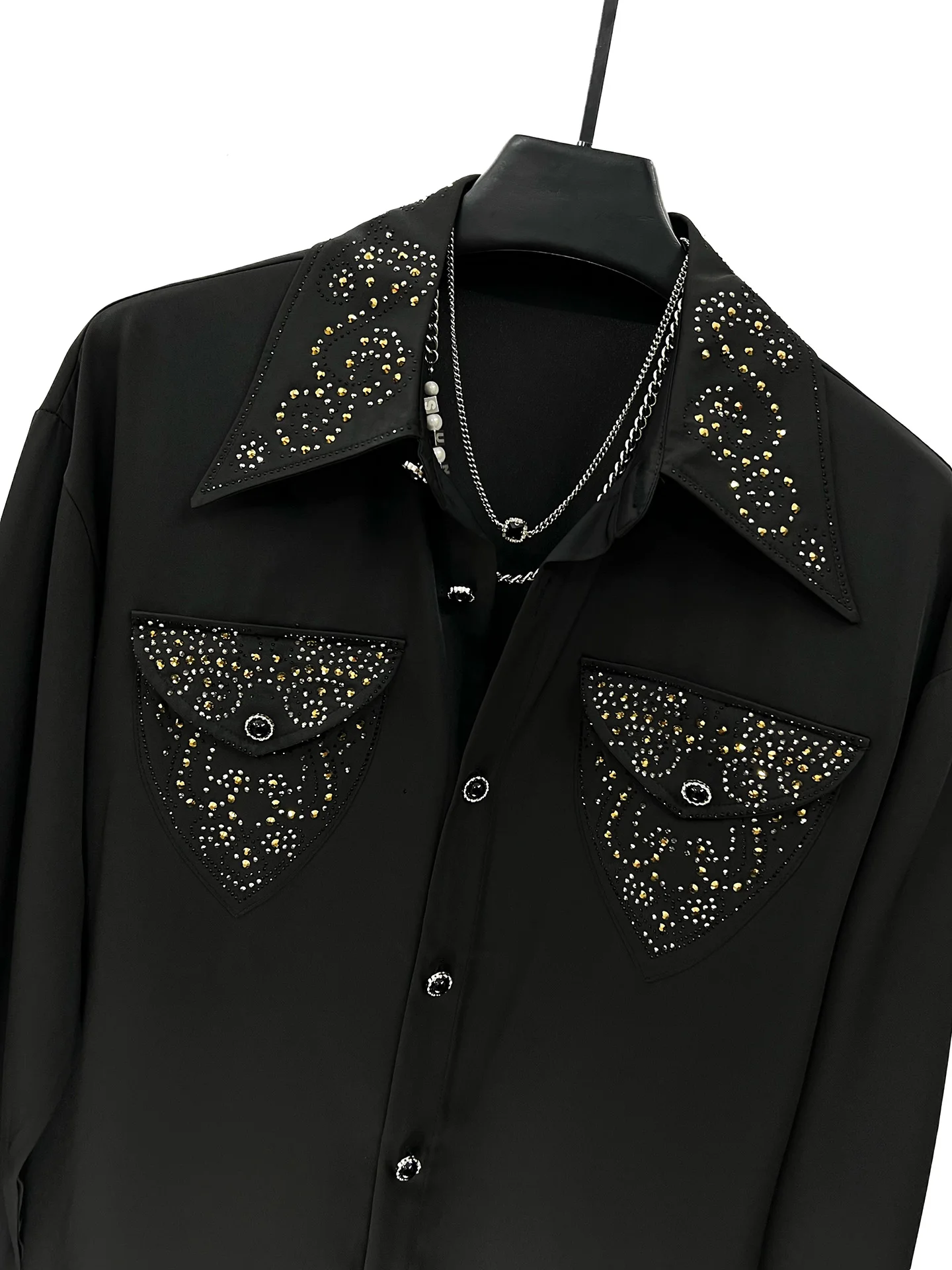 High-End Pocket Design Rhinestone Shirts Men 2025 Spring Autumn New Stylish Long Sleeve Shirts Masculinity Solid Color Chic Tops