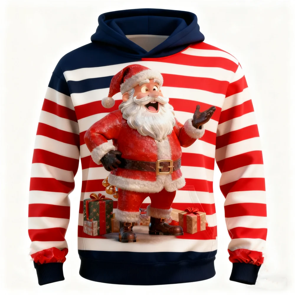 

3D Print Santa Clause Graphic Men's Hoodies Fashion Stripe Long Sleeve Hooded Sweatshirts Christmas Theme Party Clothes For Male