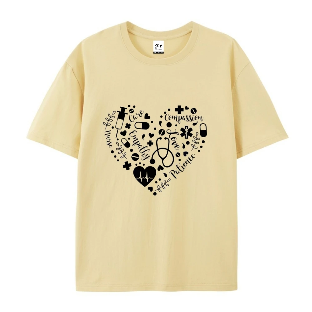Camiseta con gráfico de corazón de compasión de paciencia de cura con cosas médicas, Camiseta de algodón con tema médico, ropa informal diaria de verano para hombres