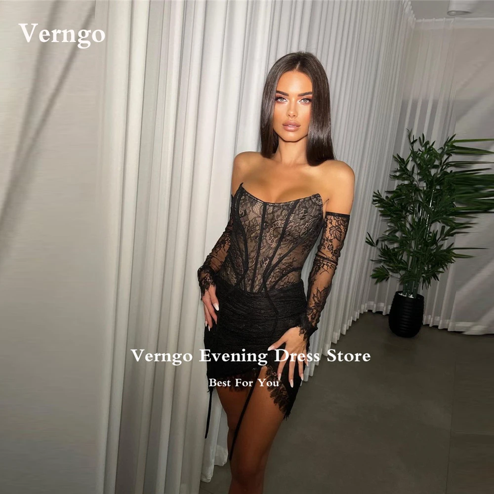 

Verngo Sexy Black Lace Mini Prom Party Dresses Short See Through Arabic Dubai Cocktail Party Dress Night Club Evening Gown