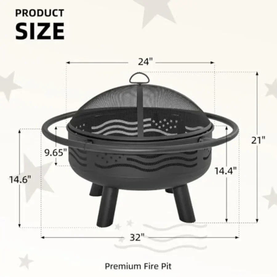 American Flag Wood-Burning Fire Pit for outdoor use, steel construction, red-white-blue finish, rust-resistant and portable des