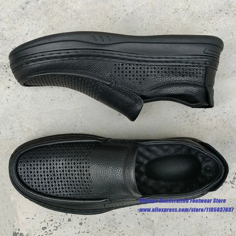 Black Cowhide Slip-On Loafers Breathable Hollow Out Thick Sole Non-Slip Leather Casual Shoes Vintage Handcrafted Men's Shoes